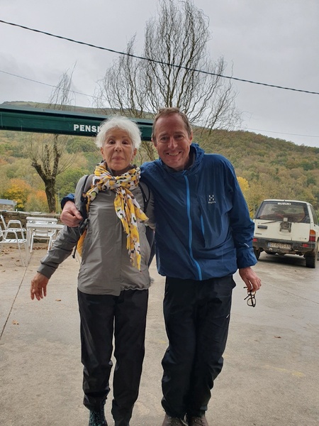 Margharita and Claus in Triacastela where we had lunch. Margharita staid. I continued. Look how we wear rain cover.