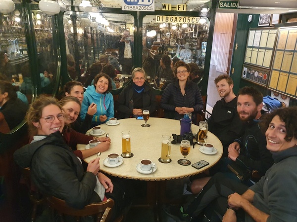 The group that just arrived assembled for chocolate with churros and beer. The third guy from the right is a Danish sailor