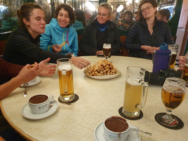 The group that just arrived assembled for churros with chocolate and beer. It was delicious