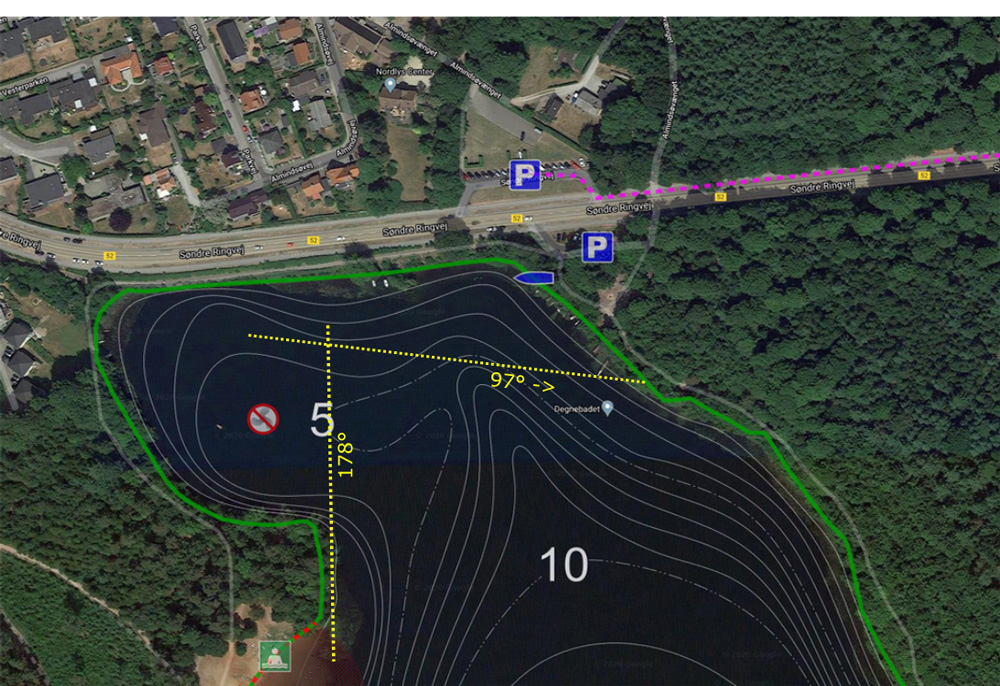 Cross-bearings of tiny wreck at north end of the lake Cross-bearings of tiny wreck at north end of the lake